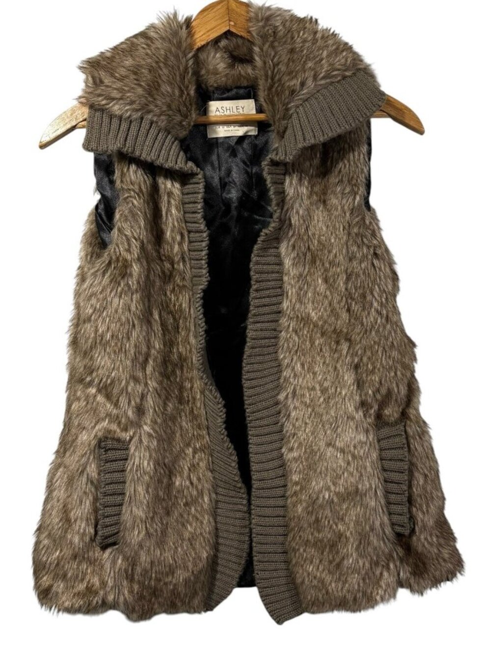 Ashley by 26 International Open Front Brown Faux Fur Vest Knit Trim Pockets Sz M